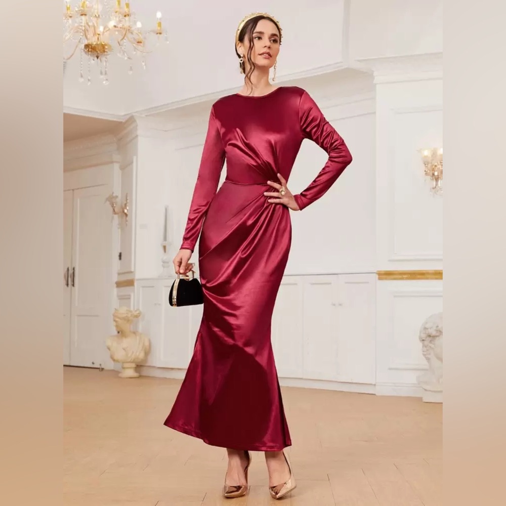 SHEIN Satin Split Fishtail Hem Wine Red Long Sleeve slit mermaid Vibrant Dress M